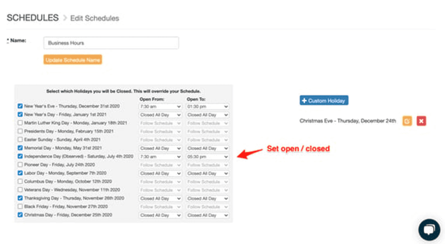 Edit Schedules page for Business Hours with a holiday checklist and a 'Set open / closed' arrow pointing at the Independence Day row