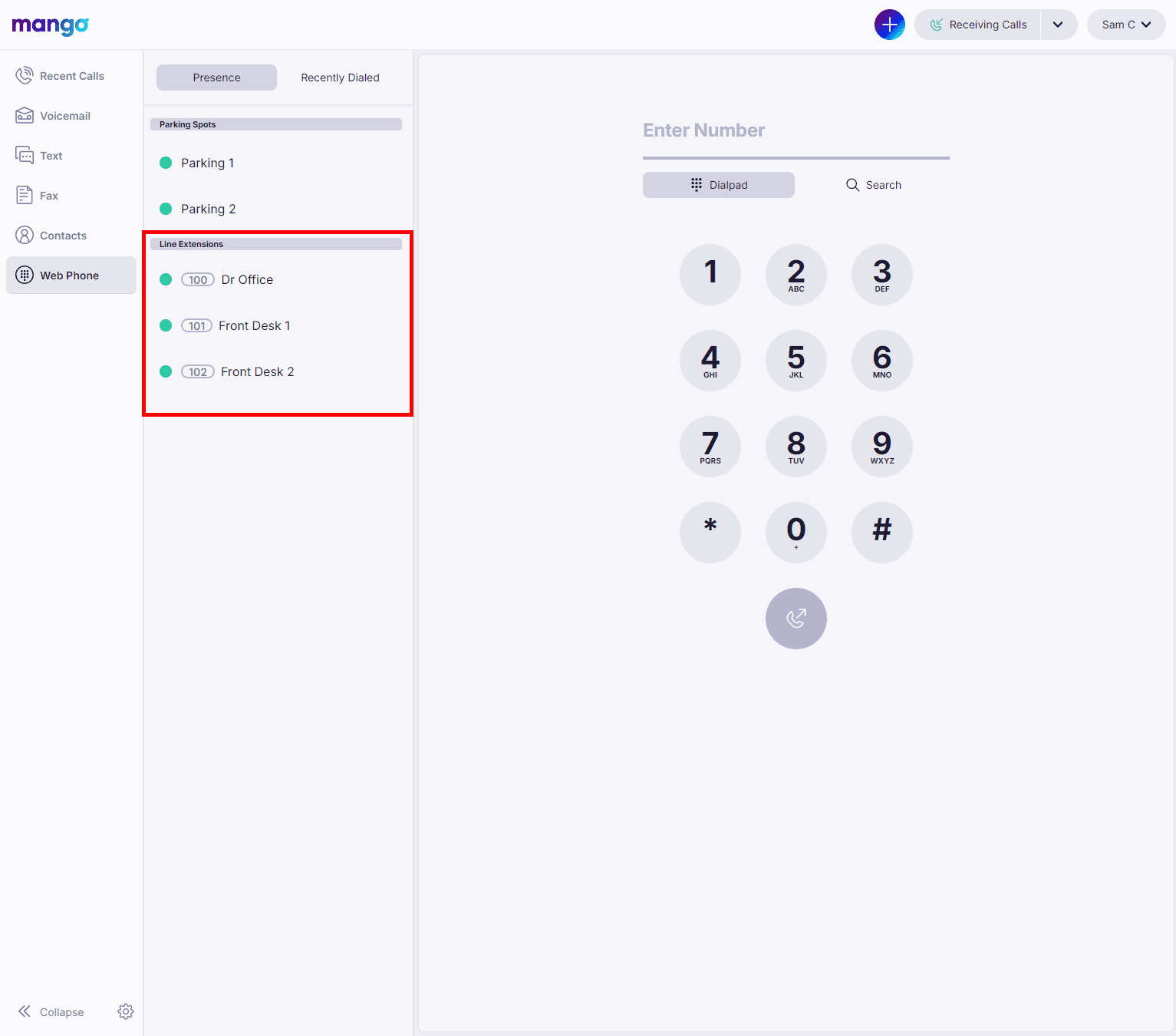Mango Voice Web Phone showing the Line Extensions presence list with extensions 100 Dr Office, 101 Front Desk 1, and 102 Front Desk 2, each with a green availability dot, next to the dialpad.