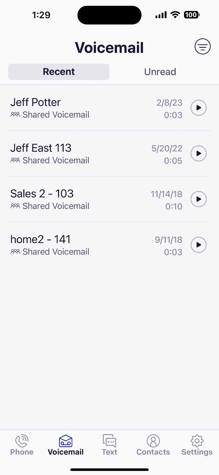 Mango Voice mobile app Voicemail tab showing a list of shared voicemails with dates, durations, and play buttons, and a bottom navigation bar