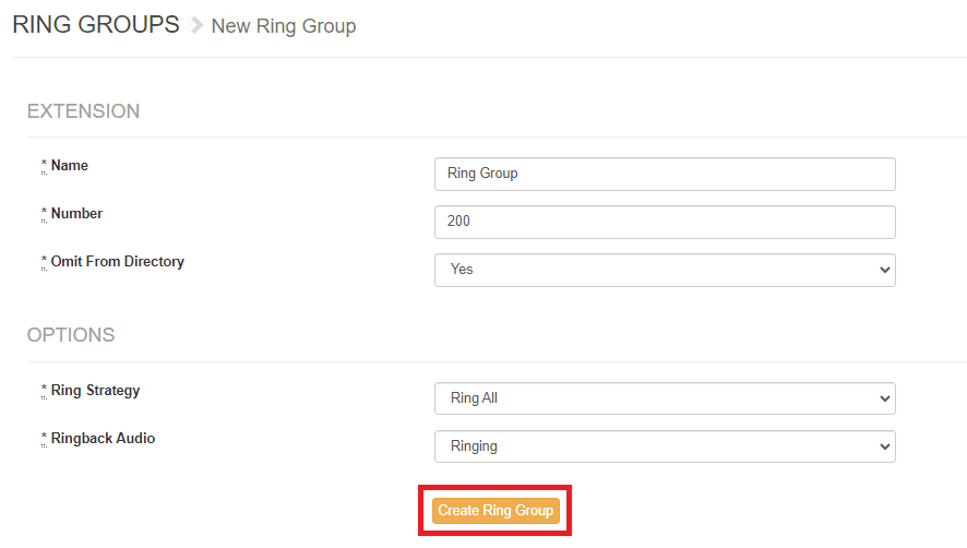 New Ring Group form showing Name, Number, Omit From Directory, Ring Strategy and Ringback Audio fields with the Create Ring Group button highlighted
