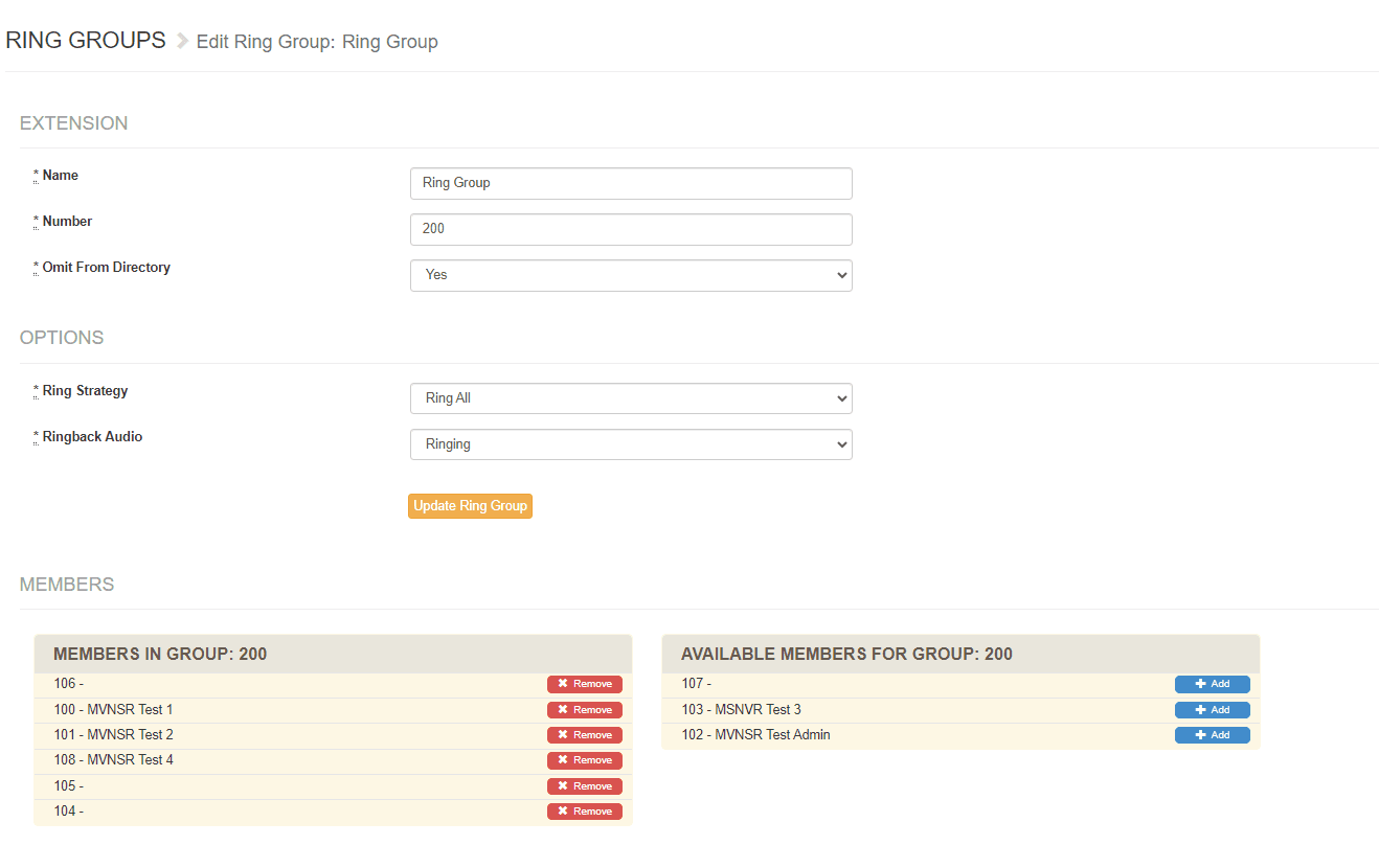 Edit Ring Group page with an Update Ring Group button and Members in Group and Available Members lists showing Remove and Add buttons
