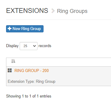 Ring Groups list showing RING GROUP - 200 with Extension Type: Ring Group