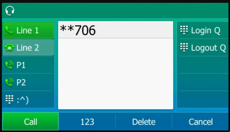 Yealink T54W screen showing **706 entered with Line keys on the left and Call, 123, Delete, and Cancel softkeys along the bottom