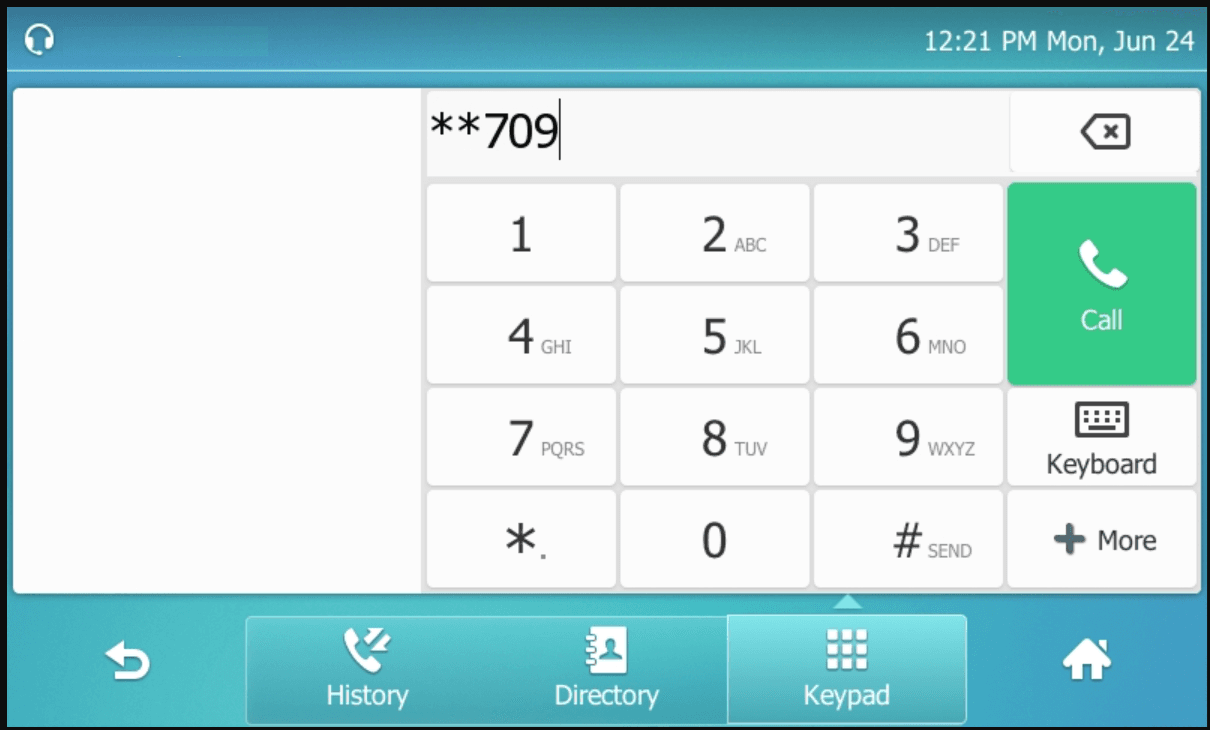 Yealink T57W touchscreen dialer showing **709 entered with the on-screen keypad and a green Call button