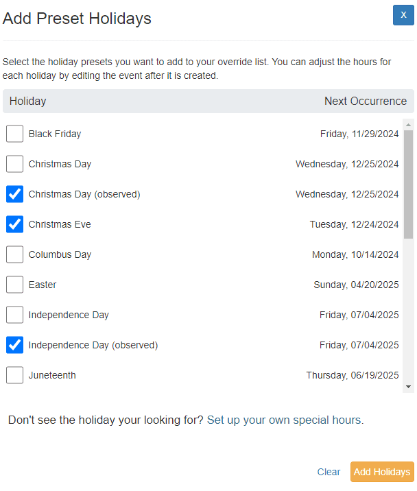 Add Preset Holidays dialog with a checklist of holidays and their next occurrence dates, and an Add Holidays button
