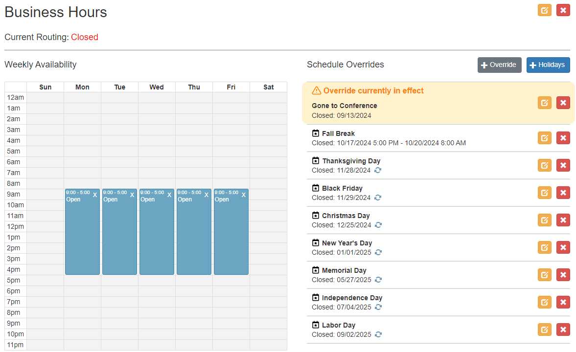 Business Hours schedule overview showing the Weekly Availability grid with Monday through Friday 9 to 5 Open blocks, and a Schedule Overrides list with an override in effect and a list of holidays
