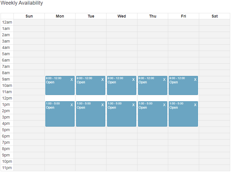 Weekly Availability grid with a midday gap, showing Monday through Friday 9 to 12 Open and 1 to 5 Open