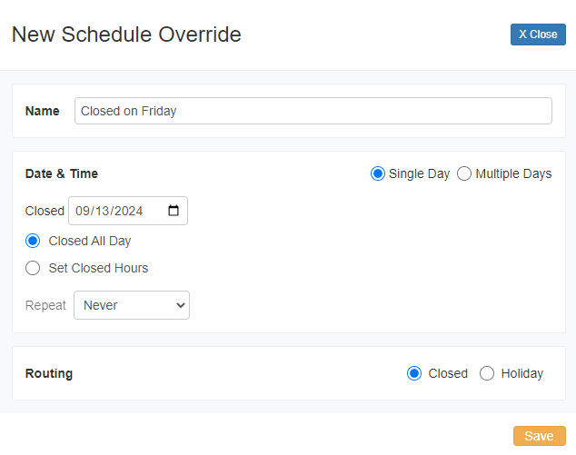 New Schedule Override named Closed on Friday with Single Day selected, Closed 09/13, Closed All Day, Repeat Never, and Routing set to Closed