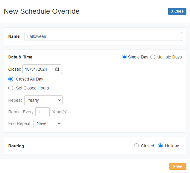 New Schedule Override named Halloween with Single Day, Closed 10/31, Closed All Day, Repeat Yearly, End Repeat Never, and Routing set to Holiday