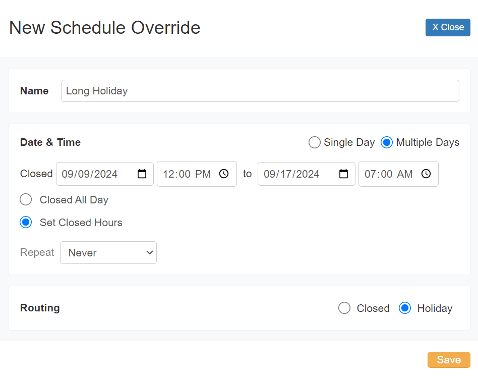 New Schedule Override named Long Holiday with Multiple Days, Closed 09/09 12 PM to 09/17 7 AM, Set Closed Hours, Repeat Never, and Routing set to Holiday