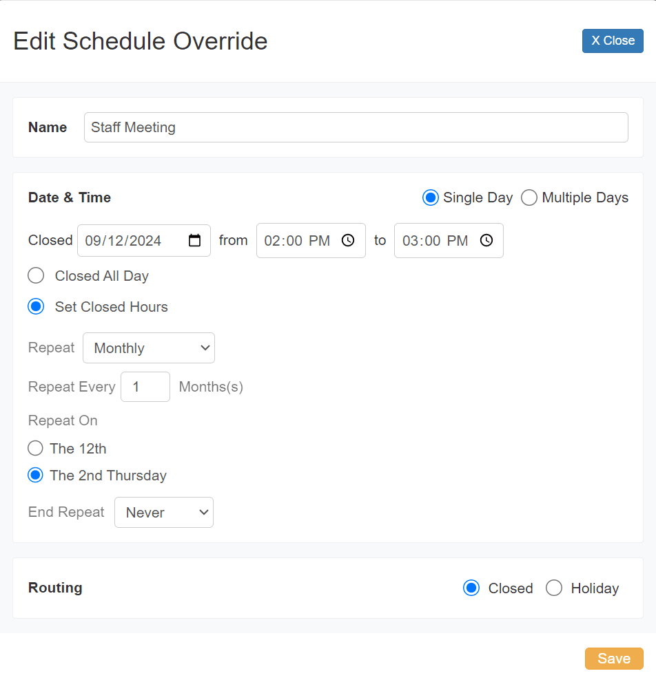 Edit Schedule Override named Staff Meeting with Single Day, Closed 09/12 from 2 to 3 PM, Set Closed Hours, Repeat Monthly, Repeat On The 2nd Thursday, End Repeat Never, and Routing Closed