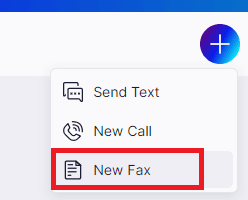 The Web App compose menu open with the New Fax option highlighted