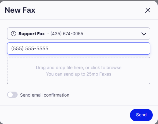 The New Fax modal with a sender dropdown, recipient number field, file upload area, and Send button