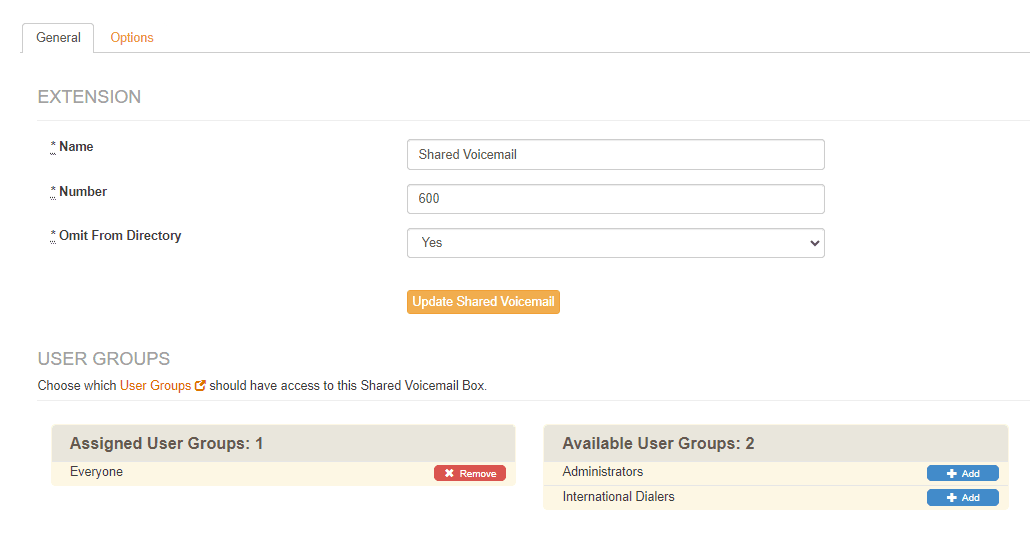 General tab of the shared voicemail configuration showing Name, Number, Omit From Directory, and User Groups assignment