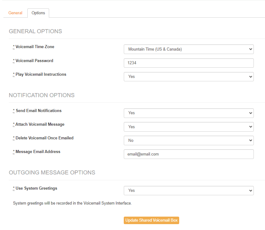 Options tab showing General Options, Notification Options, and Outgoing Message Options for the shared voicemail
