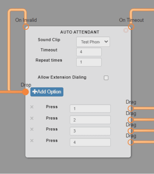 Switchboard AUTO ATTENDANT module showing Sound Clip, Timeout, Repeat times, Allow Extension Dialing, an Add Option button, Press fields 1 through 4, and On Invalid / On Timeout / Drag outputs.