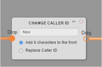 Switchboard CHANGE CALLER ID module with a text field set to New and radio options for Add 6 characters to the front or Replace Caller ID.