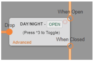 Switchboard DAY/NIGHT module set to OPEN with the hint Press *3 to Toggle, an Advanced link, and When Open / When Closed output paths.