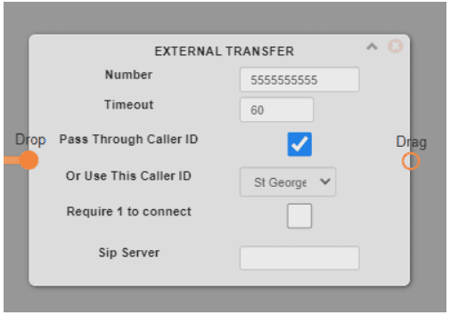 Switchboard EXTERNAL TRANSFER module with Number 5555555555, Timeout 60, Pass Through Caller ID checked, Or Use This Caller ID, Require 1 to connect, and Sip Server fields.