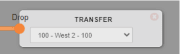 Switchboard TRANSFER module with an extension dropdown set to 100 - West 2 - 100.