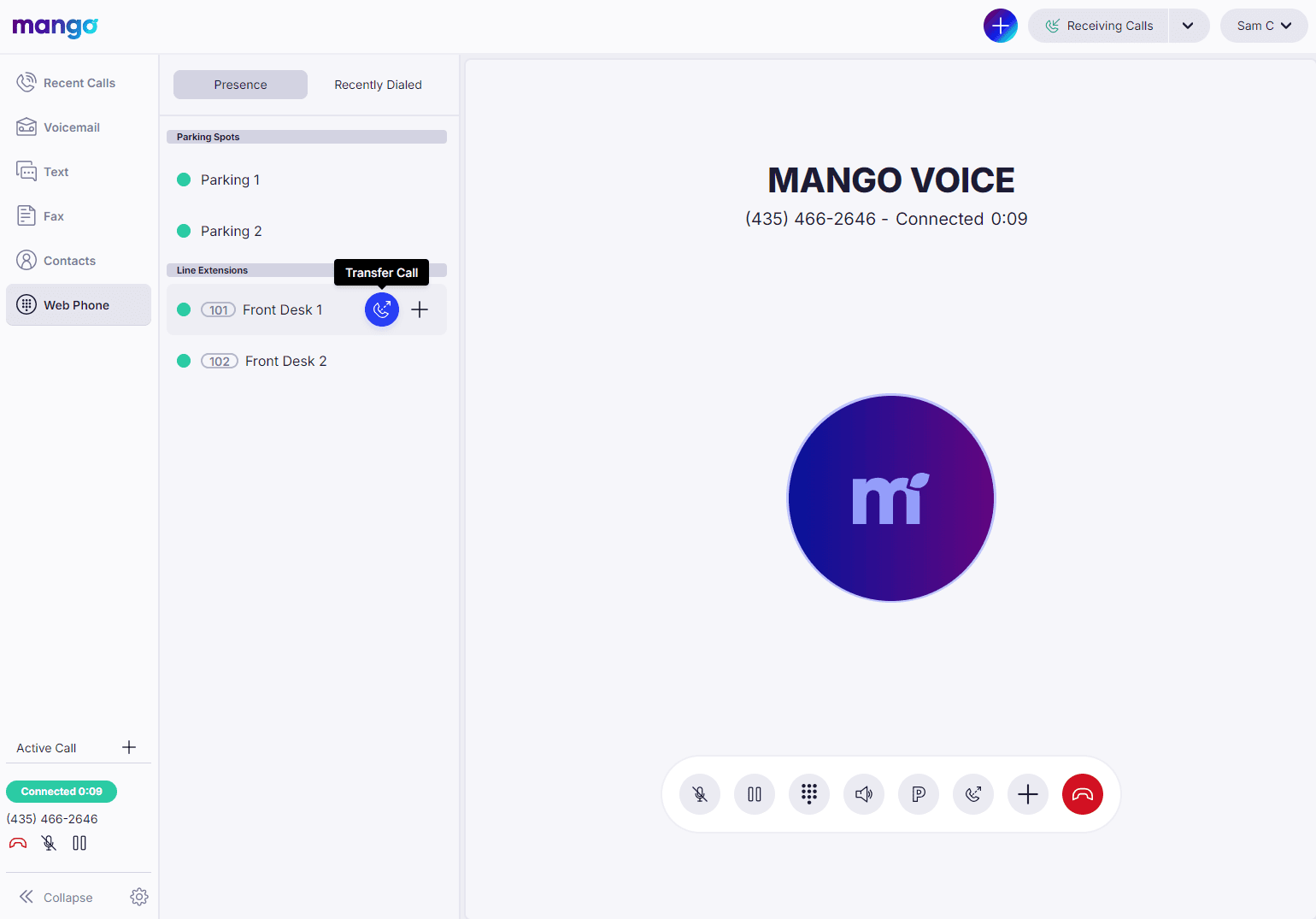 Web App with an active call, hovering over the 101 Front Desk 1 line extension to reveal the blue Transfer Call icon