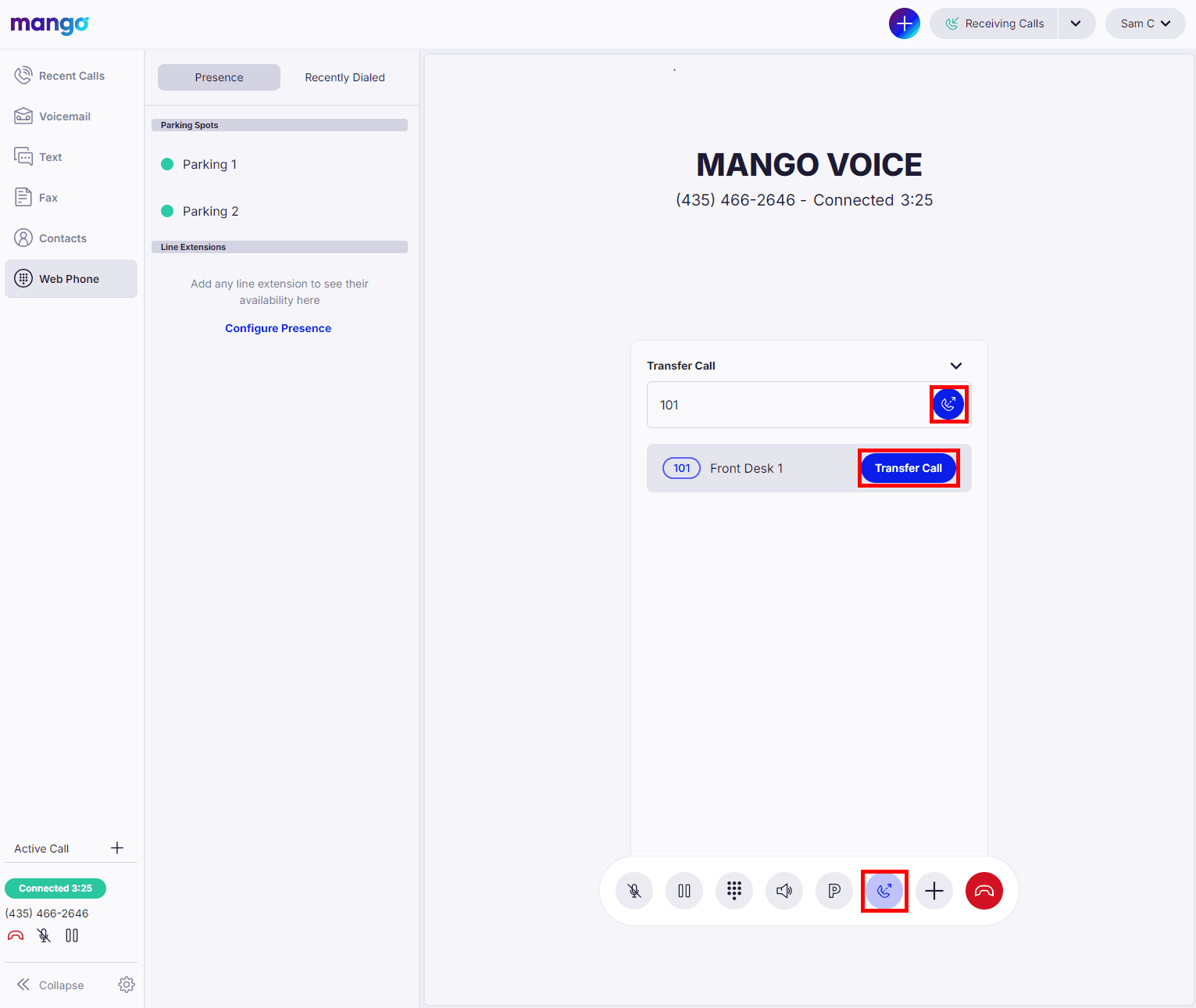 Web App Transfer Call panel with 101 typed into the field and both blue transfer buttons highlighted