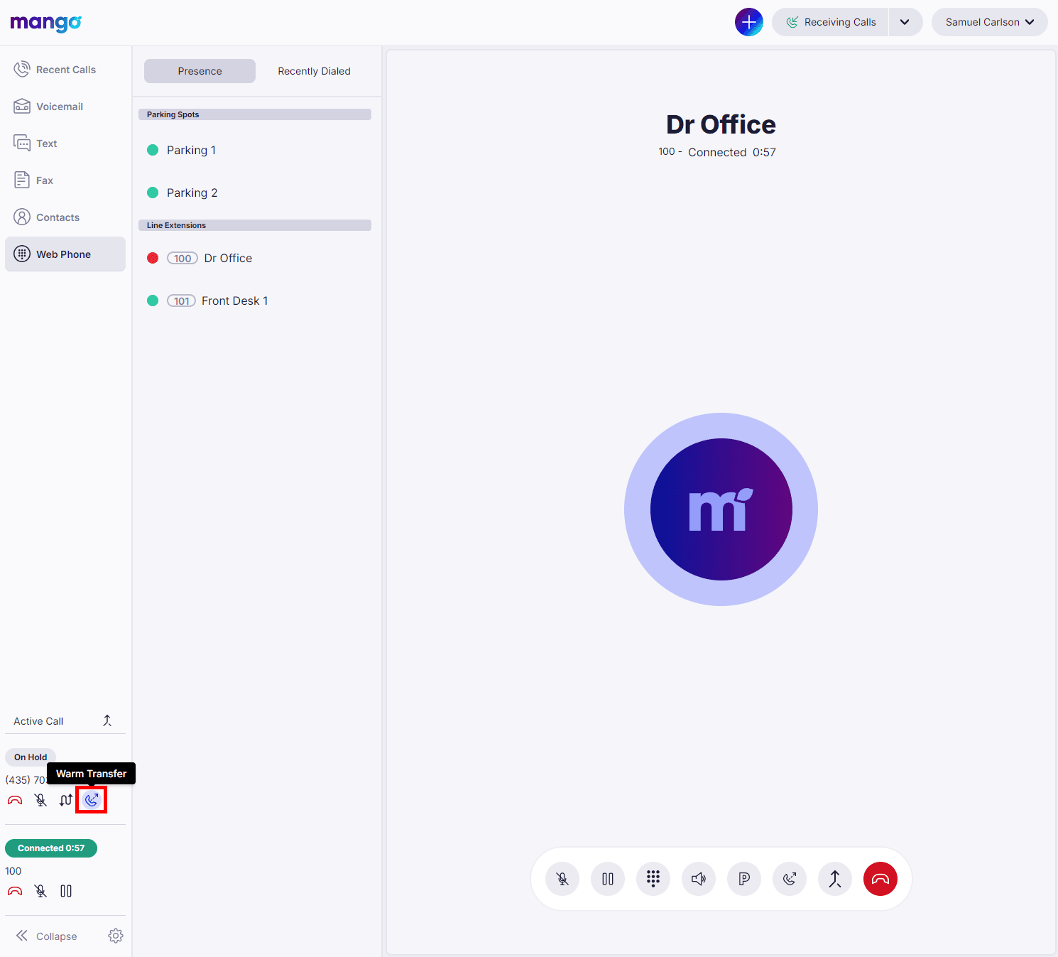 Web App with a connected call to Dr Office and a second call on hold, the Warm Transfer button highlighted in the on-hold call controls