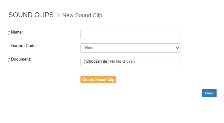 The empty New Sound Clip window with Name, Feature Code, and Document fields