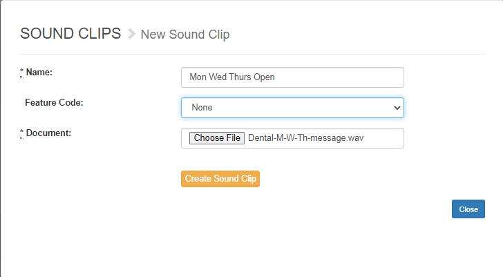 The New Sound Clip window filled in with a name and a chosen WAV file