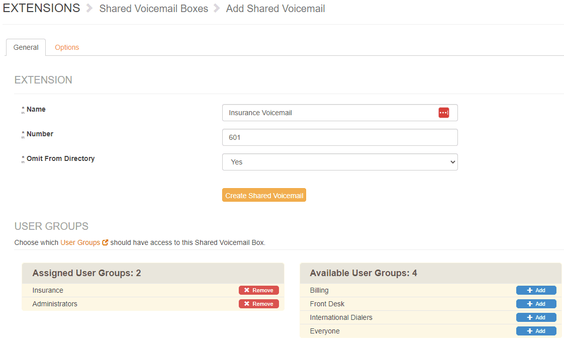 Admin Add Shared Voicemail screen for Insurance Voicemail with assigned User Groups (Insurance, Administrators) and available User Groups (Billing, Front Desk, International Dialers, Everyone)