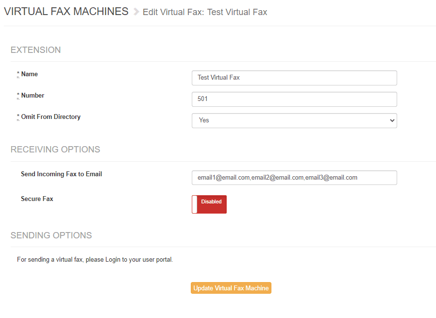 Edit Virtual Fax view after creation, showing Extension fields plus Receiving Options with a Send Incoming Fax to Email field and a Secure Fax toggle set to Disabled, and an Update Virtual Fax Machine button
