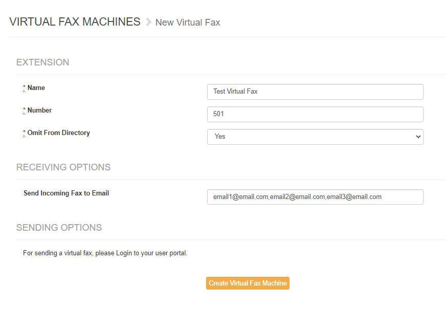 New Virtual Fax form showing Extension fields (Name Test Virtual Fax, Number 501, Omit From Directory Yes), Receiving Options with Send Incoming Fax to Email, a Sending Options note, and an orange Create Virtual Fax Machine button