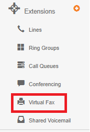 Expanded Extensions menu with Virtual Fax highlighted in a red box, alongside Lines, Ring Groups, Call Queues, Conferencing, and Shared Voicemail