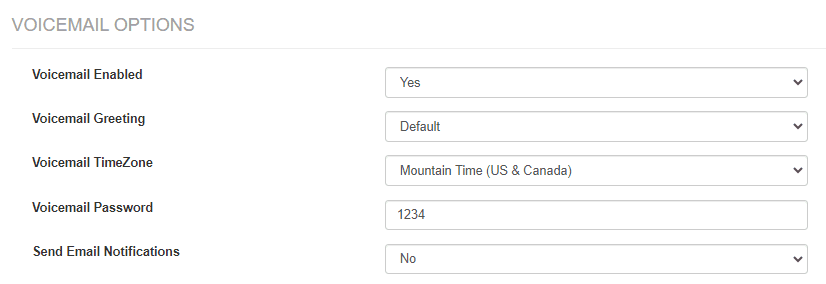 Voicemail Options panel showing the Voicemail Password field with a value entered
