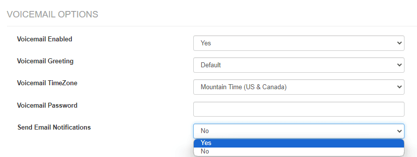 Voicemail Options panel with the Send Email Notifications dropdown open and Yes highlighted