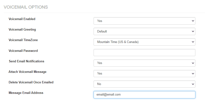 Voicemail Options panel with Send Email Notifications and Attach Voicemail Message set to Yes, Delete Voicemail Once Emailed set to No, and a Message Email Address field