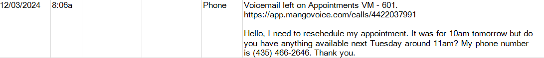 Example PMS log entry for a voicemail showing the date, time, Phone type, the voicemail it was left on, a link to open the call in the Web App, and the transcribed message.