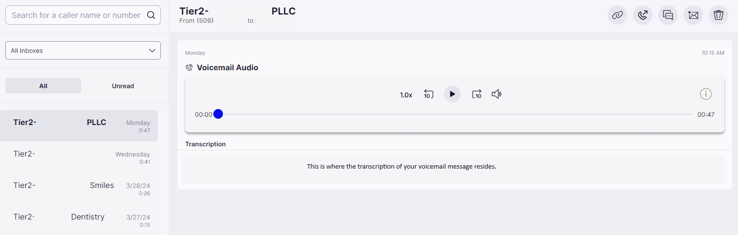 Mango Voice Web App voicemail interface showing the inbox list on the left with an All Inboxes filter, and the selected voicemail's audio player and transcription on the right