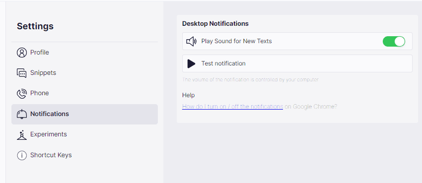Mango Web App Settings showing the Notifications tab with Desktop Notifications, a Play Sound for New Texts toggle, and a Test notification button