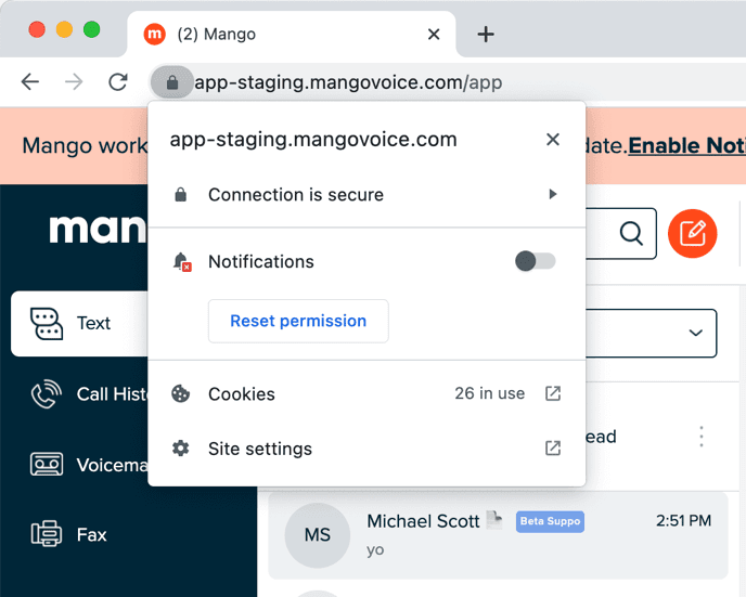 Chrome site permissions popup for the Mango app domain with a Notifications toggle in the off position and a Reset permission button