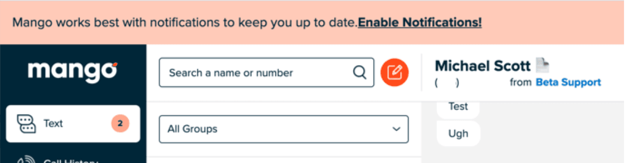 Pink banner in the Mango Web App reading 'Mango works best with notifications to keep you up to date. Enable Notifications!'