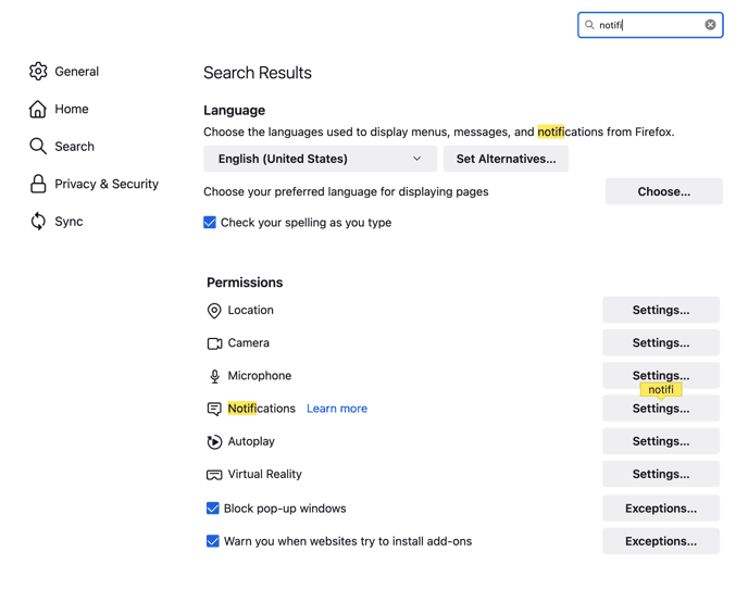Firefox Settings search results for 'notifi' showing the Notifications permission row with a Settings button