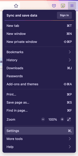 Firefox hamburger menu open with the Settings option highlighted near the bottom