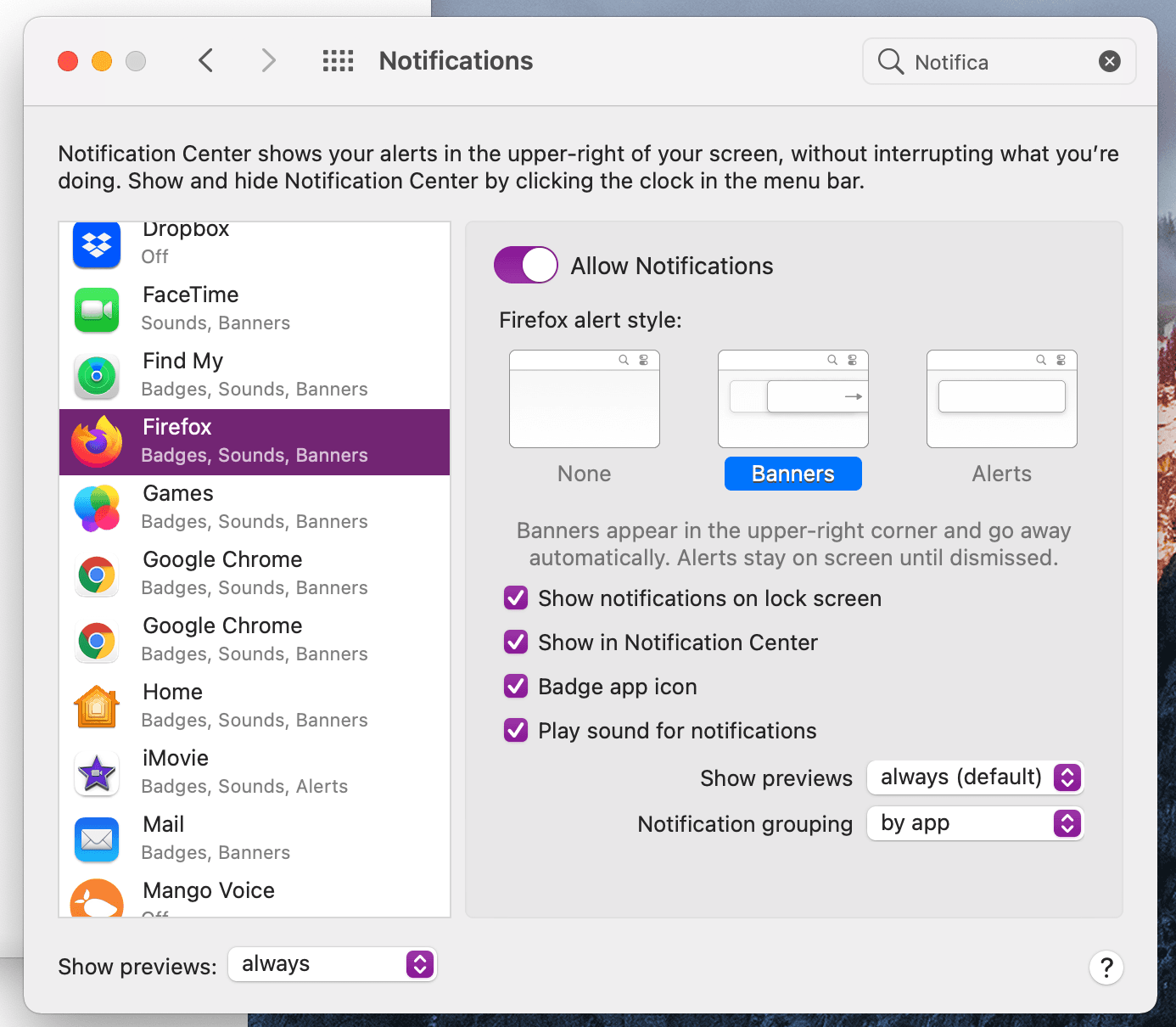 macOS Notifications preferences with Firefox selected, Allow Notifications on, alert style set to Banners, and a Play sound for notifications checkbox