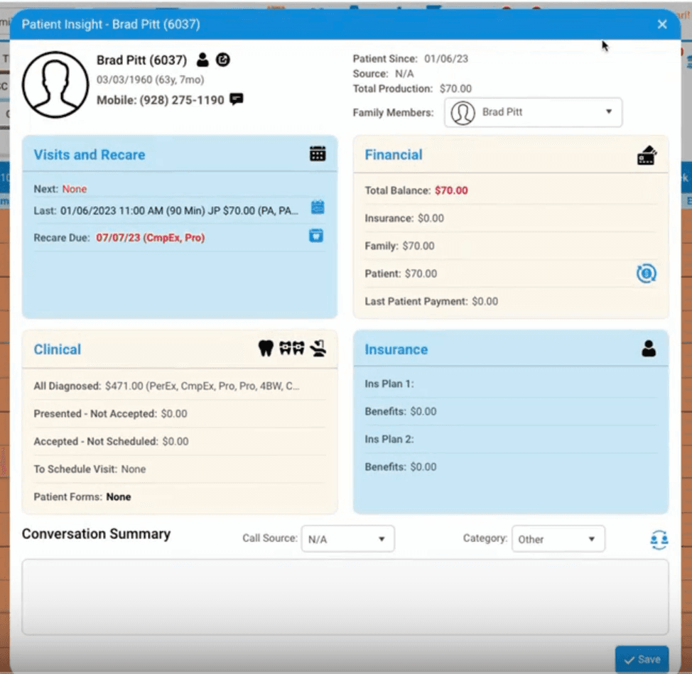 ThriveCloud Patient Insight screen showing visits, financial, clinical, and insurance details for a patient