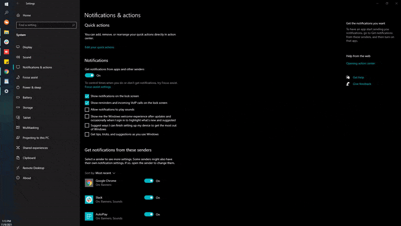 Animation of the Windows Notifications & actions settings page with per-app sender toggles