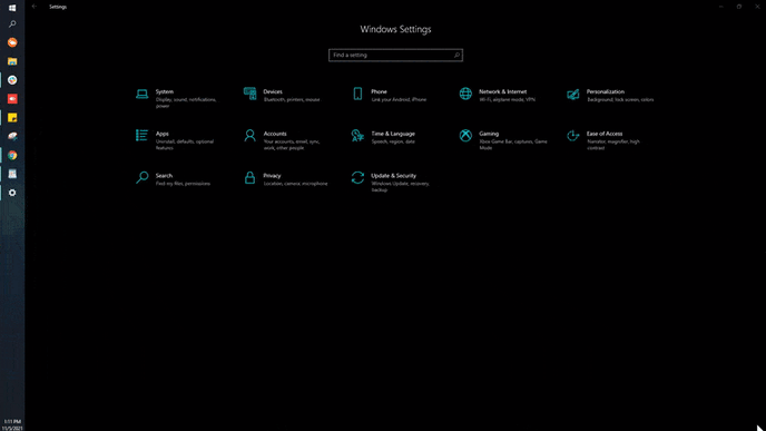 Animation of the Windows Settings screen used to navigate to System and Notifications & actions
